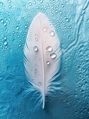 Transparent water droplets on white bird's feather on blue and turquoise background,  - ai