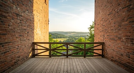 Obraz premium An empty wood terrace between old bricks building with back wooden fence Looking out to see the natural scenery