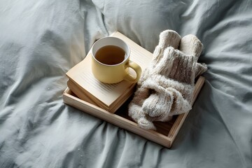 linen bed with vintage book, wool socks, and coffee mug on tray, photorealistic