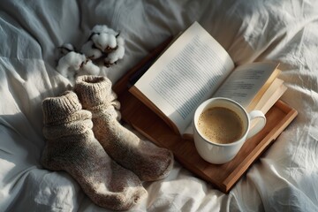 linen bed with vintage book, wool socks, and coffee mug on tray, photorealistic