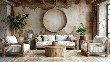 Obraz premium 3D Rendered Scandinavian Farmhouse Living Room with Natural Wooden Furniture HD Stock Image for Interior Design and Home Decor Concepts