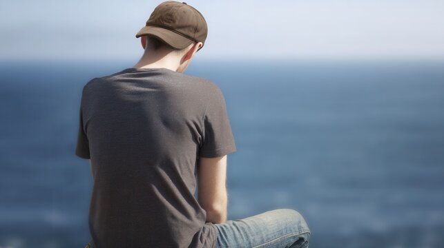 Man wearing a cap contemplating the ocean from a cliff