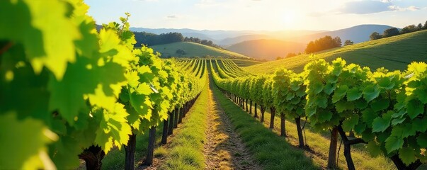 Rows of lush, green grapevines stretching across a sun-drenched hillside, ready for harvest The perfect image for wine country, vineyard tourism, and wine labels , organic, calm