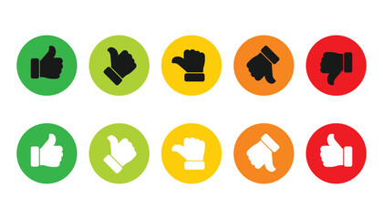 Thumb symbols rating and feedback scale icon on circle outline. Excellent, good, average, poor, and bad thumb color sign symbol
