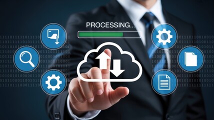 A hand touches a cloud computing interface with various application icons.