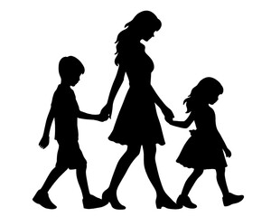 Family silhouette, a mother and her son daughter walking hand in hand, isolated icon on white background	