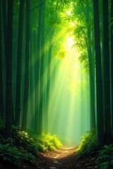 Serene bamboo forest bathed in morning sunlight, mist clinging to the leaves, creating a peaceful and tranquil atmosphere A sense of calm and natural beauty pervades the scene , fog, texture, balance