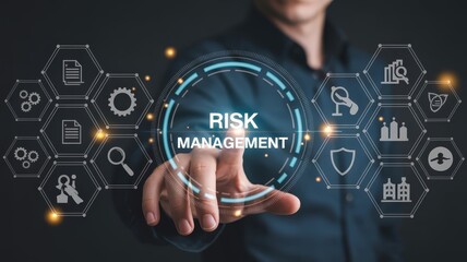 Hand interacting with a digital risk management interface.