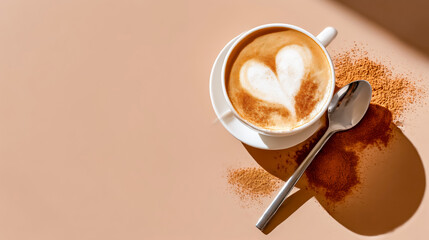 A beautifully crafted latte with heart-shaped foam art, set on a minimalist background, perfect for coffee lovers and food photography.