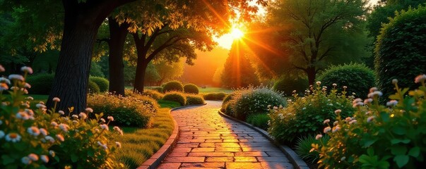 Warm sunset illuminates a lush garden path, casting long shadows from trees and shrubs Perfect for landscaping, garden, and home design projects , exterior, leaves