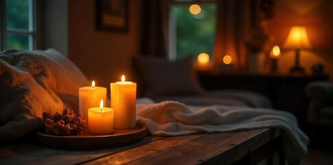 Warm, inviting candlelight illuminates a cozy interior space, casting a soft glow on wooden furniture and textured surfaces Perfect for home decor, relaxation, and hygge themes , wooden, warm