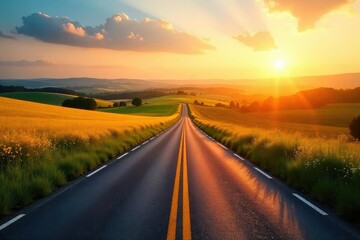 Serene vista of a winding country road disappearing towards a distant horizon over rolling farmland, bathed in the warm glow of sunlight , green, quiet