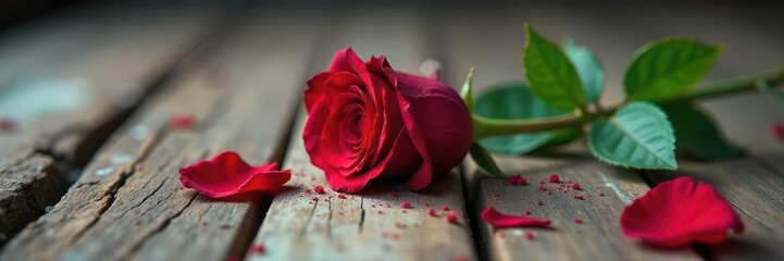 A single wilting rose lies on aged, cracked wooden flooring, petals scattered around it, symbolizing the fragility and end of a passionate relationship , end, wooden floor