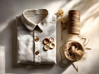 sustainable fashion flatlay with folded linen, buttons, and natural twine, photorealistic
