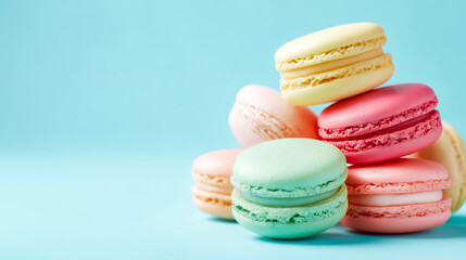 Obraz premium A delightful stack of colorful macarons on a pastel background. Perfect for dessert, bakery, or sweet treat themes.