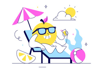 Hello Summer Vector Illustration Featuring the Sea, Beach, Sky, and Tropical Jungle Leaves in a Cute Character Activity Flat Style Cartoon Background