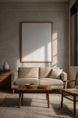 Elegant Minimalist Living Room Interior with Wooden Frame Poster Mockup and Natural Sunlight