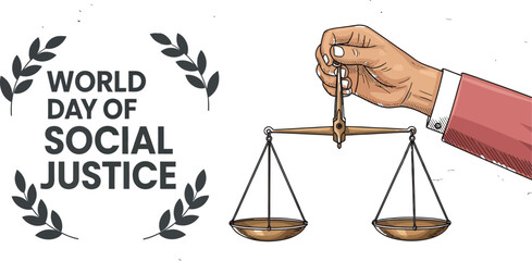 World day of social justice with hand holding scales against a world map background design vector