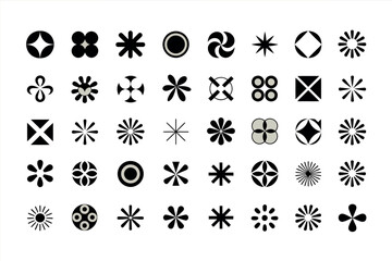 A collection of thirty five black geometric shapes and floral designs arranged in a grid pattern