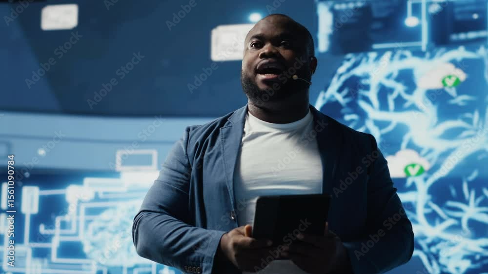 Poster black public speaker host presenting ai neural networks at live event, sharing insight on machine le