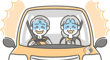 驚いて青ざめた表情の、車を運転する高齢者のイラスト
