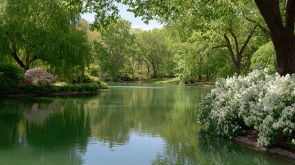 Calm lake reflecting fresh spring trees and blooming shrubs, bright green tones and peaceful seasonal setting