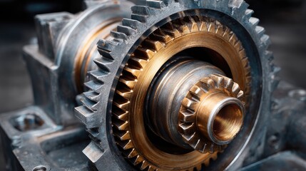 Close-up of gear mechanism inside vintage engine block with dark workshop setting