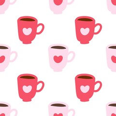 Pink seamless pattern featuring cute mugs with white hearts on a white background. Perfect for romantic, cozy, or Valentine's Day themes.