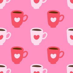 Pink seamless pattern featuring cute mugs with white hearts on a vibrant pink background. Perfect for romantic, cozy, or Valentine's Day themes.