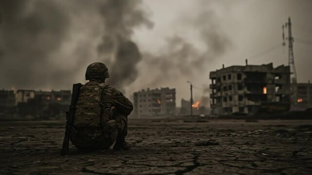 Soldier sits amidst war torn urban scene