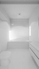 Modern bathroom featuring a marble bathtub, wall-mounted shower, sleek sink with vanity, large mirror, and ambient natural light through a window. Minimalist design with dark tile accents.