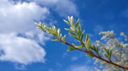 Fresh buds opening on a tree branch against a soft blue sky with fluffy clouds, symbolizing the start of spring