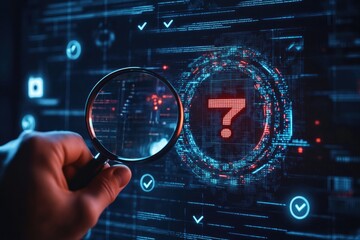 A hand holds a magnifying glass over a digital interface displaying a large question mark. Complex data streams and checks surround the question mark