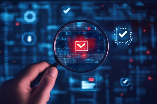 A hand holds a magnifying glass over a digital display, focusing on a red email icon with a checkmark.  The background shows a complex network of digital elements and symbols