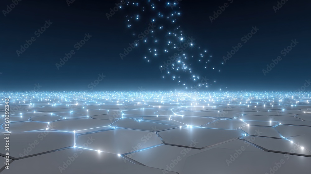 Poster hexagonal blockchain grid with light trails connecting digital nodes, high-tech futuristic backgroun