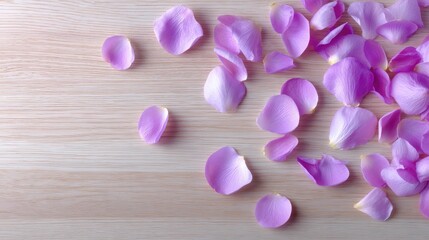 Obraz premium Minimalist background of flower petals scattered across a light pastel wooden surface, spring freshness and copy space