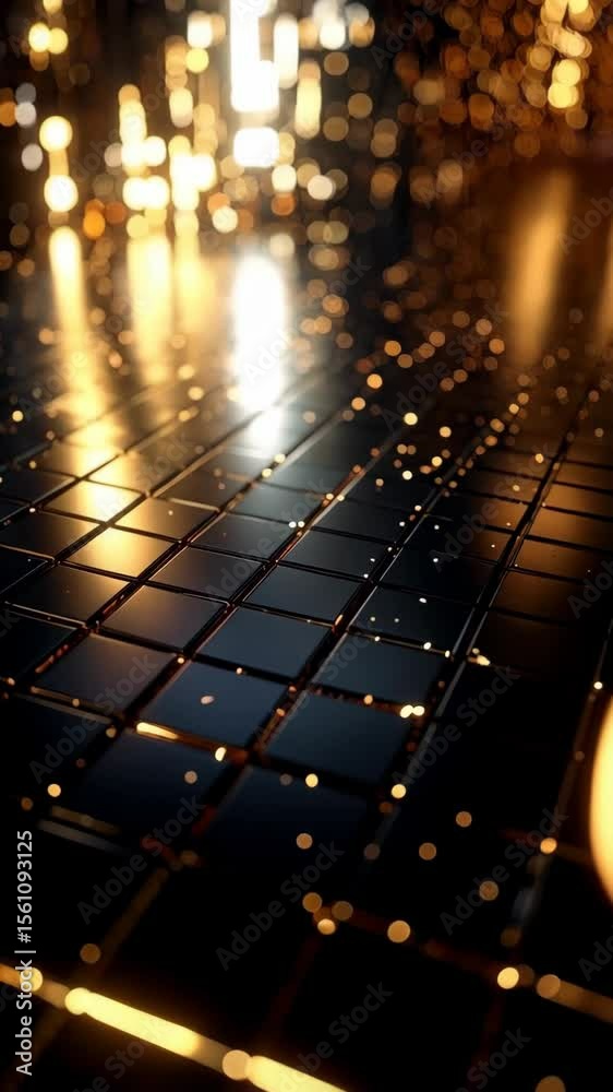 Wall mural abstract background of shiny black tiled floor with golden bokeh lights and shimmering reflections, 