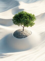 A solitary green tree stands on a small mound of earth, amidst a vast expanse of rippling white sand dunes