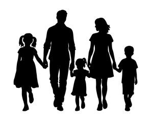 Family silhouette, a father, mother and their son and daughter walking hand in hand, isolated icon on white background	