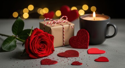 A romantic arrangement with a rose, gift, hearts, and glowing candle in a mug
