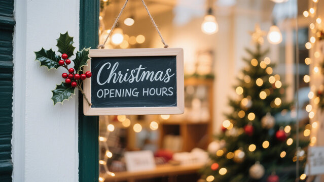 A festive Christmas storefront scene featuring a hanging chalkboard sign with the words 'Christmas OPENING HOURS' written in elegant white cursive. Christmas, Christmas Tree, Merry Christmas