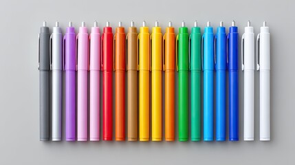 Obraz premium Set of ballpoint pens and markers lined in color order on plain desktop, creative supplies theme