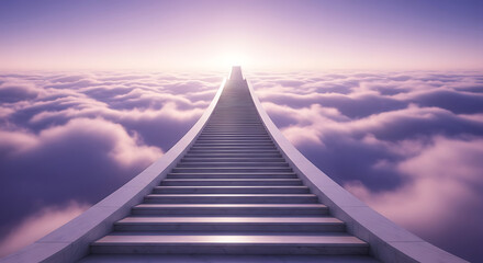 Stairway rising through clouds, towards light, symbolizing hope.