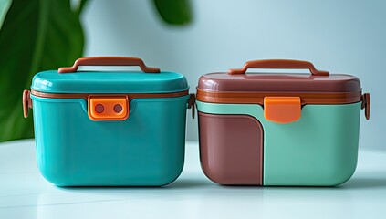 Two colorful, rectangular food storage containers, likely for baby food, sit side-by-side on a white surface.  The teal container is on the left, while the brown and mint green one is on the right. 