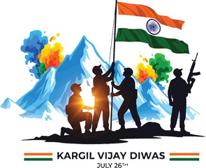 Soldiers raising indian flag on mountain for kargil vijay diwas celebration with explosions behind them