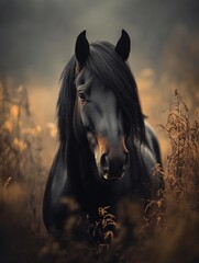 Wild Fresian horse in it's natural habitat  - ai