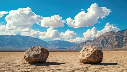 Two large rocks in a vast desert landscape under a vibrant blue sky.  Vast, sunlit, arid plain stretches between the rocks and distant mountains.  Fluffy white clouds dot a clear blue sky