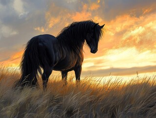 Wild Fresian horse in it's natural habitat  - ai