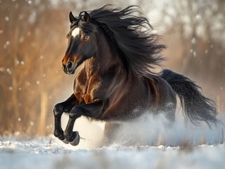 Wild Fresian horse in it's natural habitat  - ai
