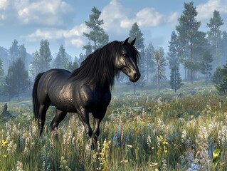 Wild Fresian horse in it's natural habitat  - ai